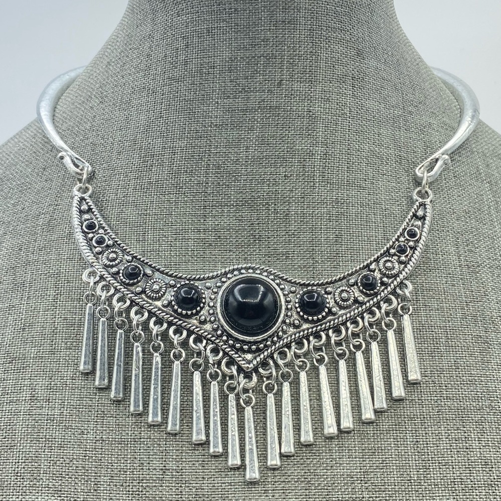Silver Tone Black Cabochon Statement Bib Necklace Metal Dark Romance Goth Punk